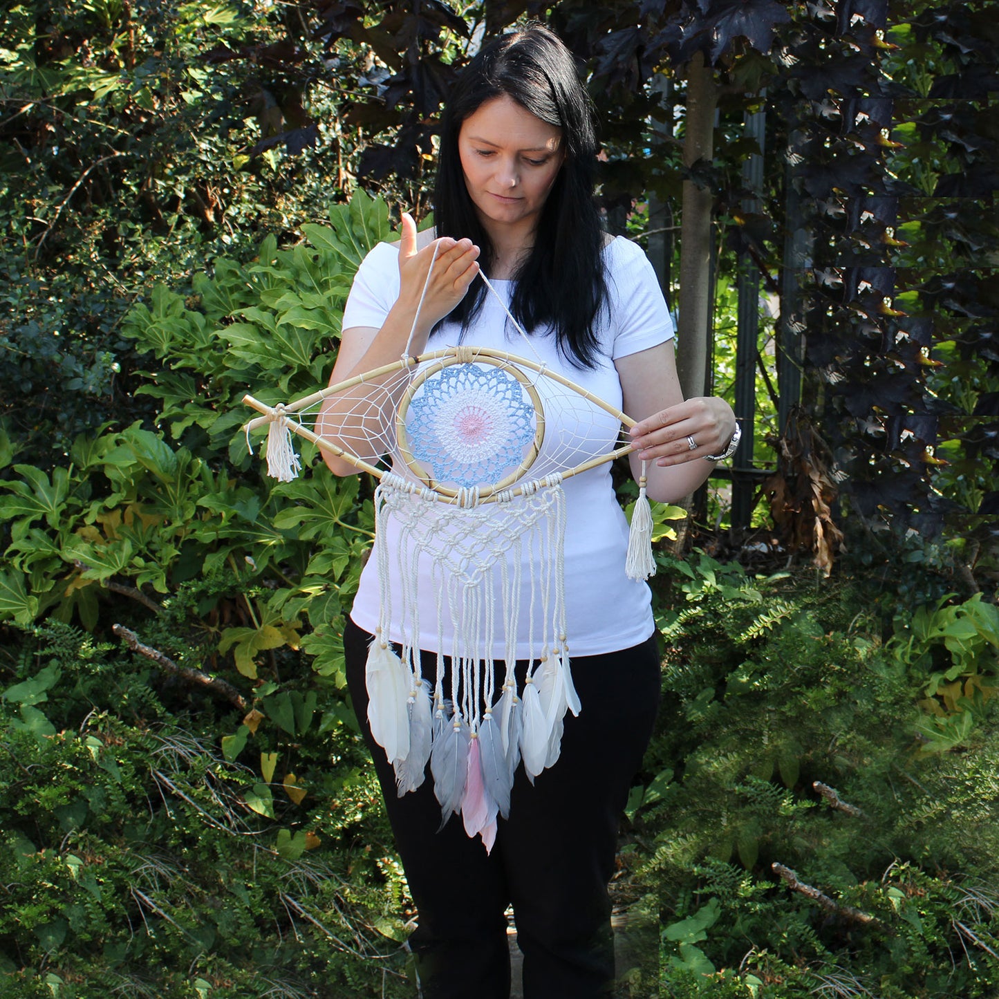 Protección Atrapasueños - Med Macrame Ojo Blanco/ Azul/Gris