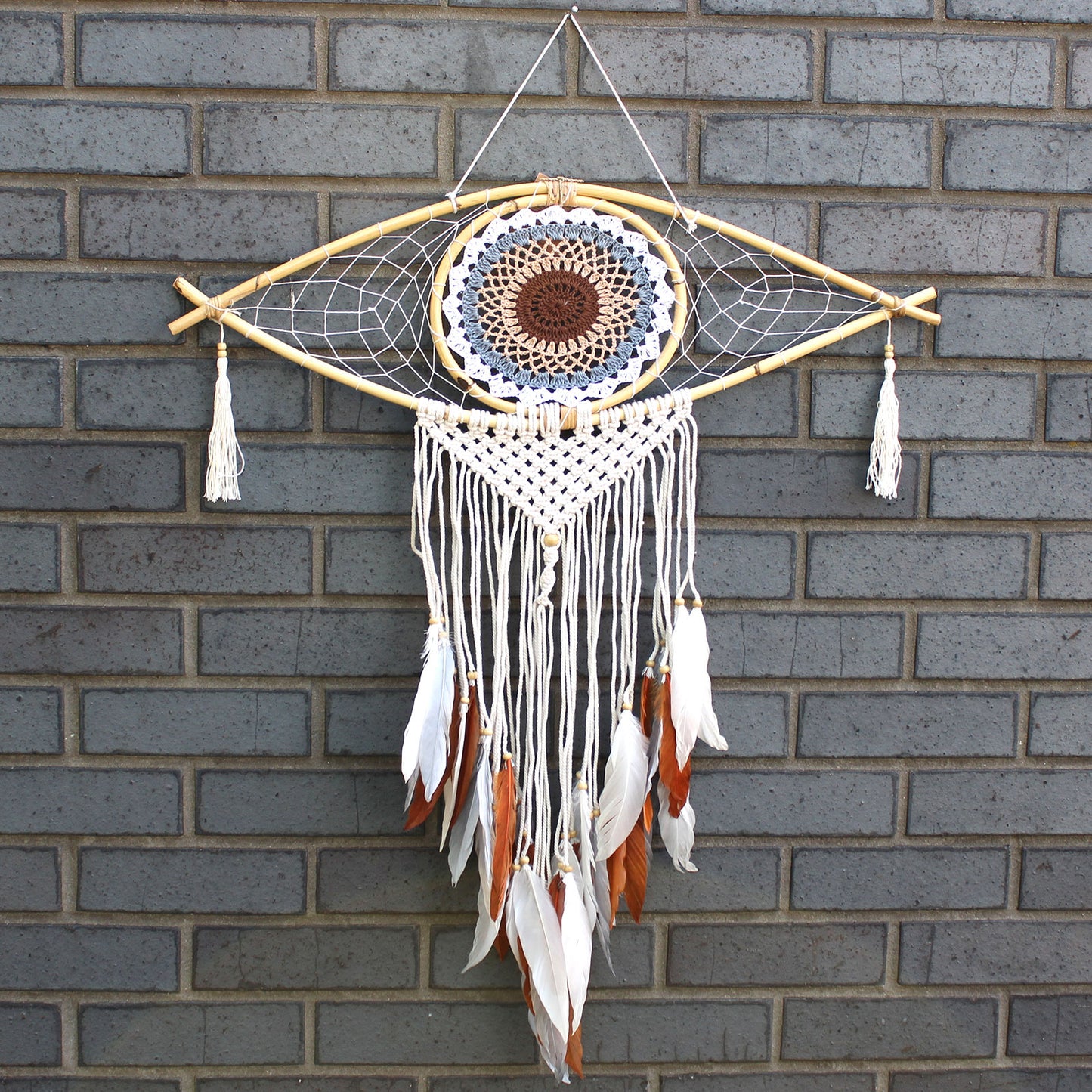 Protection Dream Cather - Lrg Macrame Eye White/ Gey/Brown