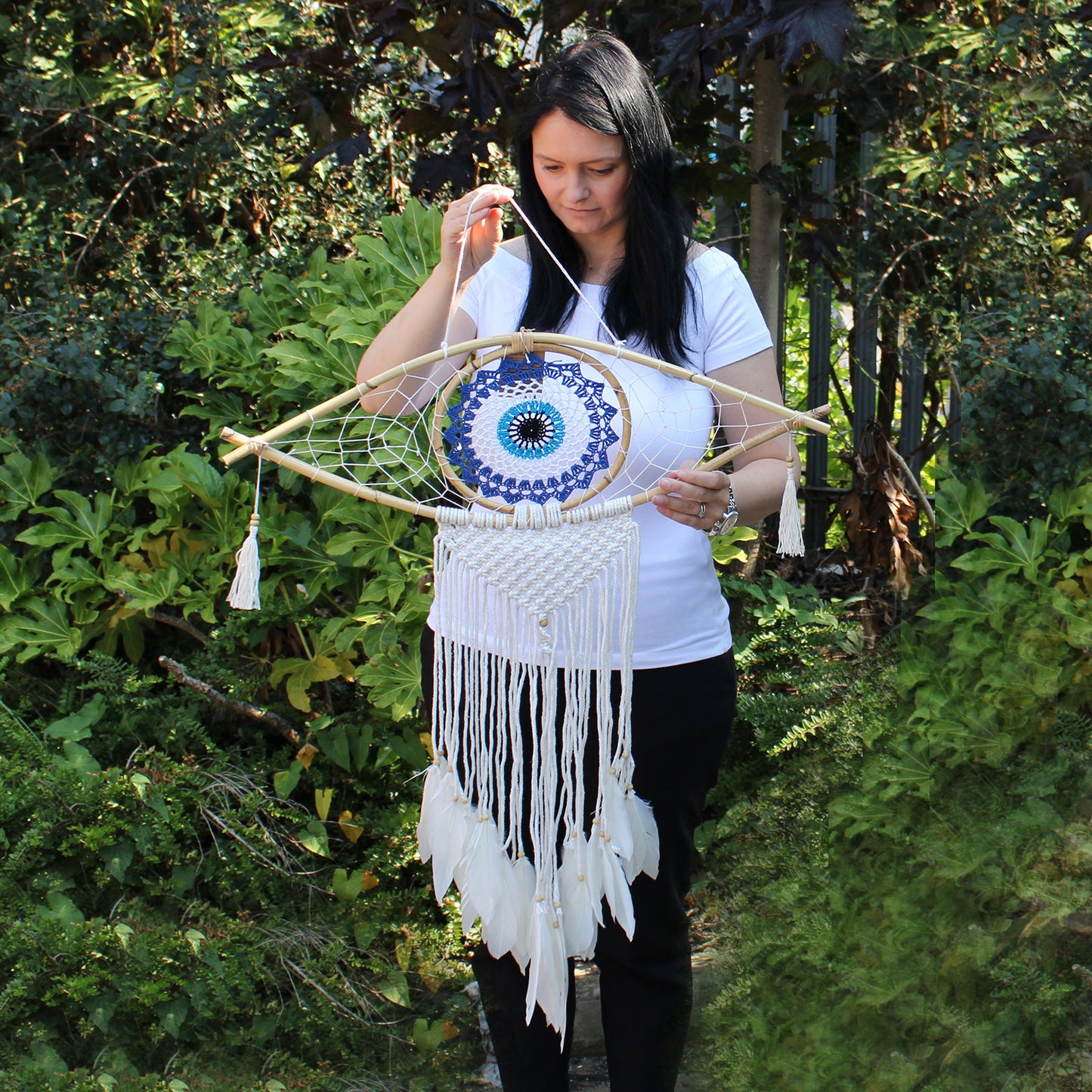 Protection Dreamcatcher - Lrg Macramé Evil Eye Bleu/Blanc/Noir