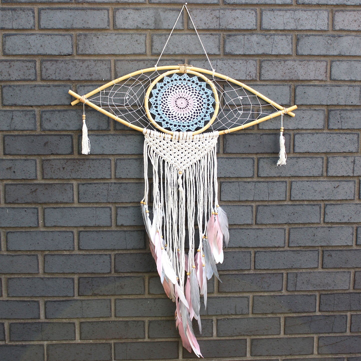 Protection Dream Cather - Lrg Macrame Eye Blue/ Whie/Pink