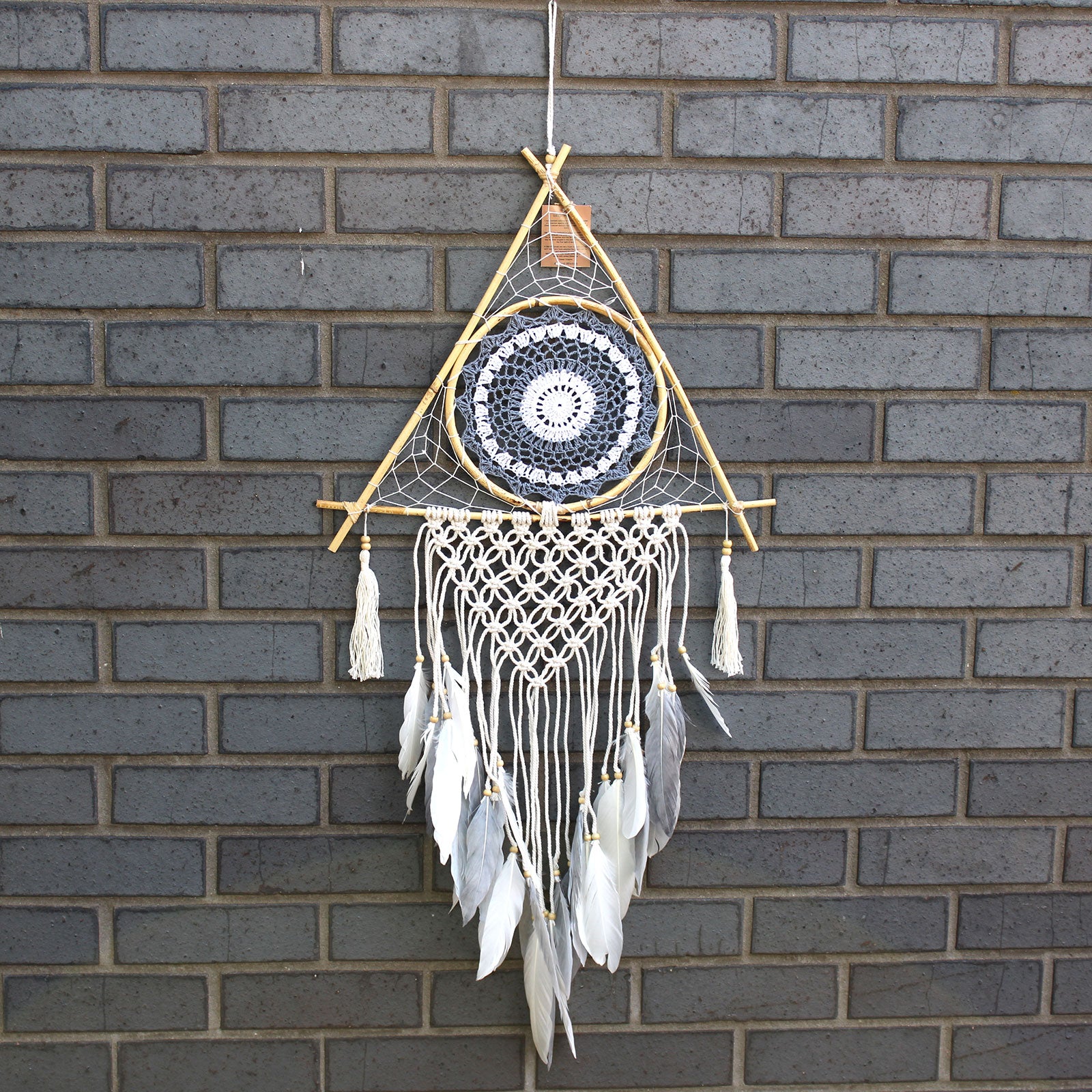 Macrame Pyramid Protection Dreamcatcher - Lrg Macrame Pyramid White/Grey – Prometheus Tarot