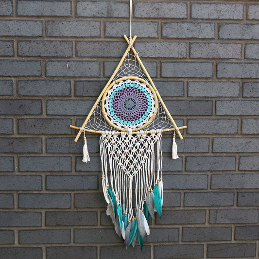 Protection Dream Cather - Lrg Macrame Pyramid White/Turquoise