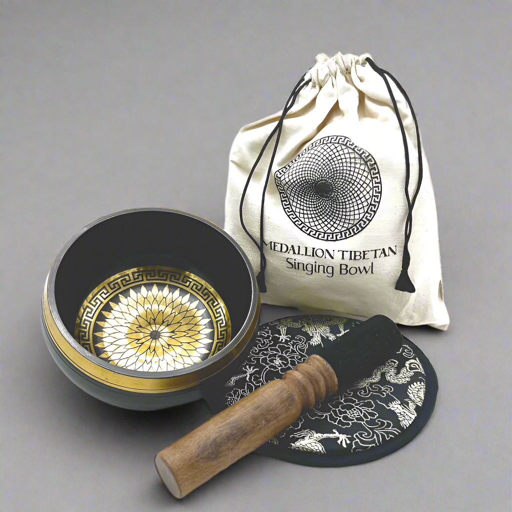 Hand Beaten & Engraved Singing Bowl Gift Set - 14cm - Round Medallions