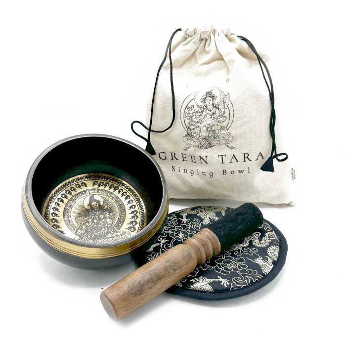 Hand Beaten & Engraved Singing Bowl Gift Set - 14cm - Green Tara