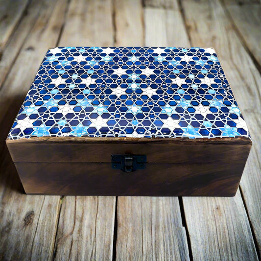 Large Ceramic Glazed Wood Box - 20x15x7.5cm - Blue Stars